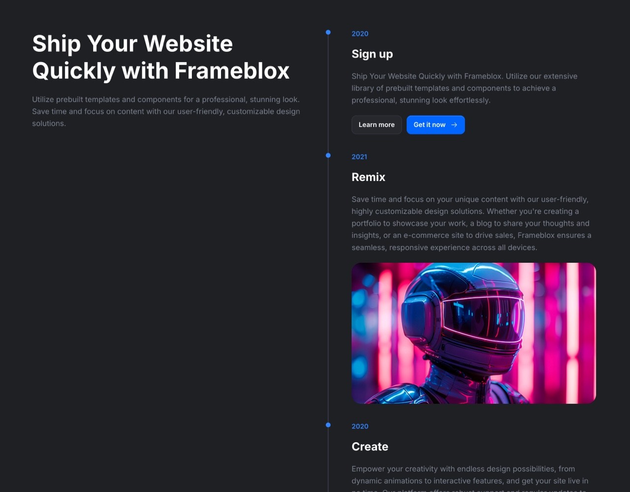 Framer Dark Timeline Section - Frameblox UI