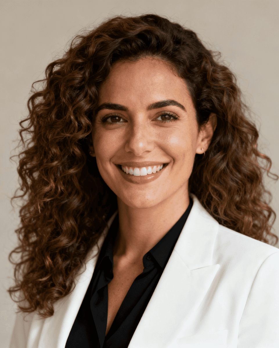 Portrait of woman with curly hair wearing navy blue cardigan over matching top, casual contemporary style on light background