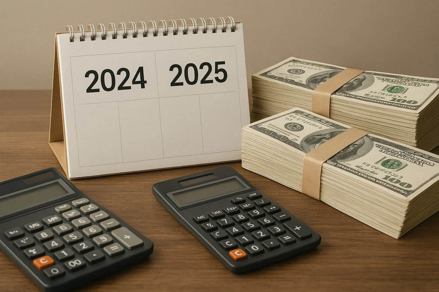 Conceptual office scene with a desk calendar showing 2024 and 2025, alongside calculators and money stacks representing yearly financial caps.