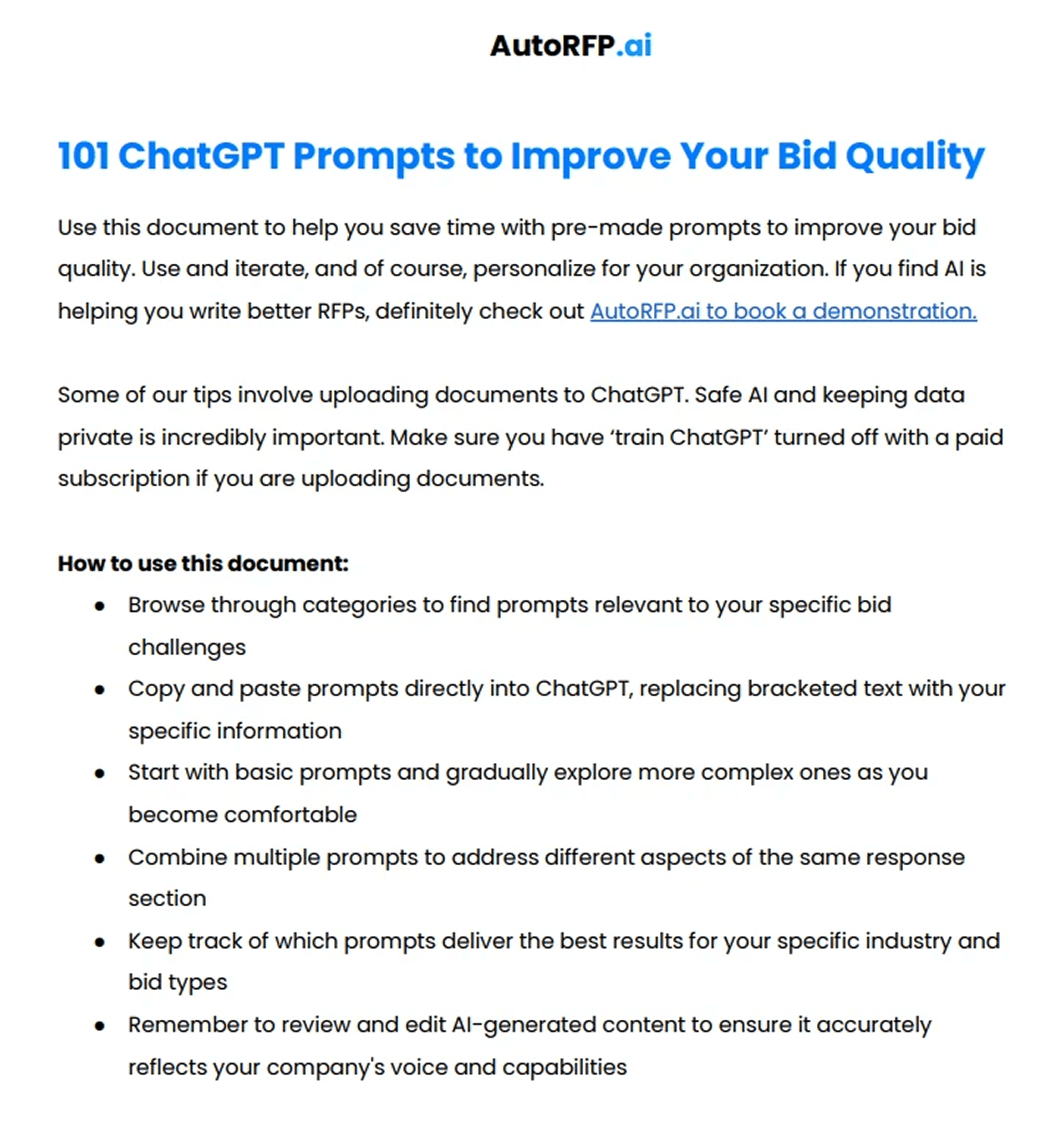 101 ChatGPT prompts guide for improving RFP bid quality and response writing