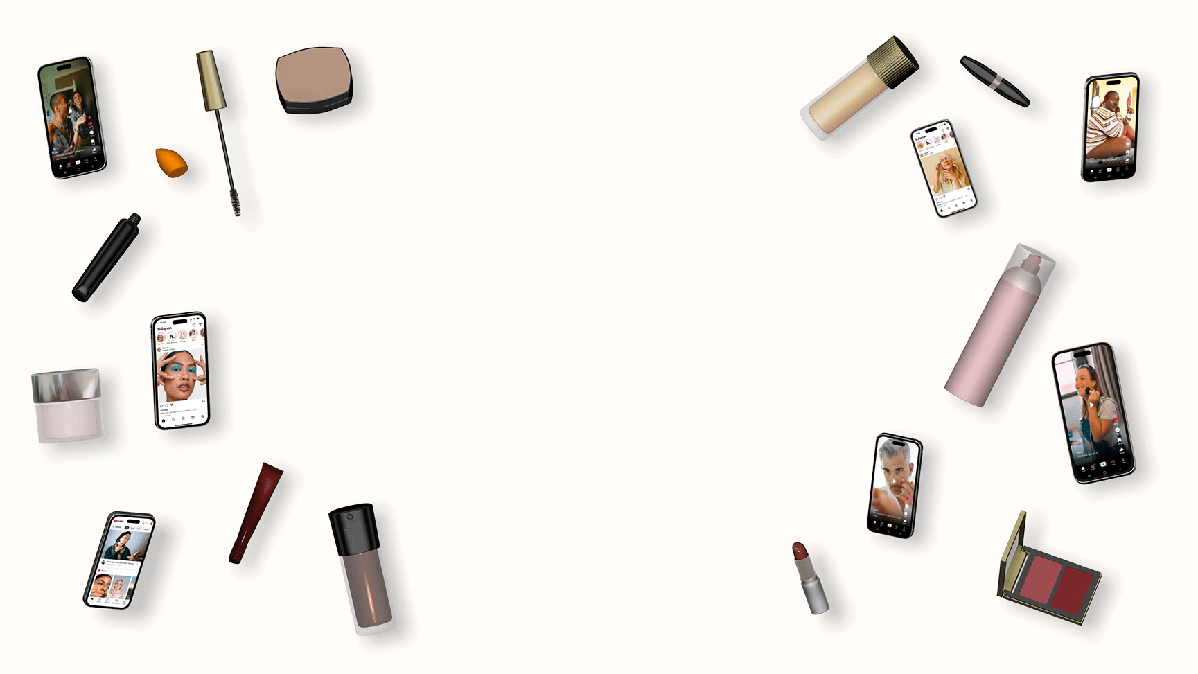 Reelviews hero image — beauty products and smartphones showing creator reviews, representing a video-native comparison engine for foundations, mascaras, lipsticks and skincare