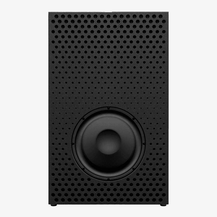 Black speaker with perforated grille and visible woofer.