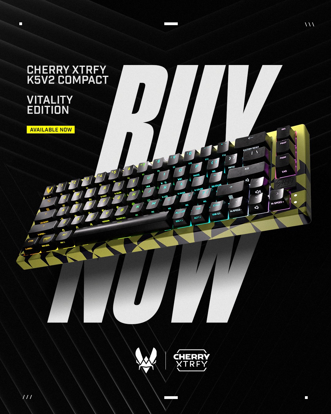 headline "Buy now" over a black background. Top left in white: "Cherry Xtrfy K5V2 Compact Vitality Edition", then black text on yellow background "available now", bottom: white Vitality and Cherry Xtrfy logos