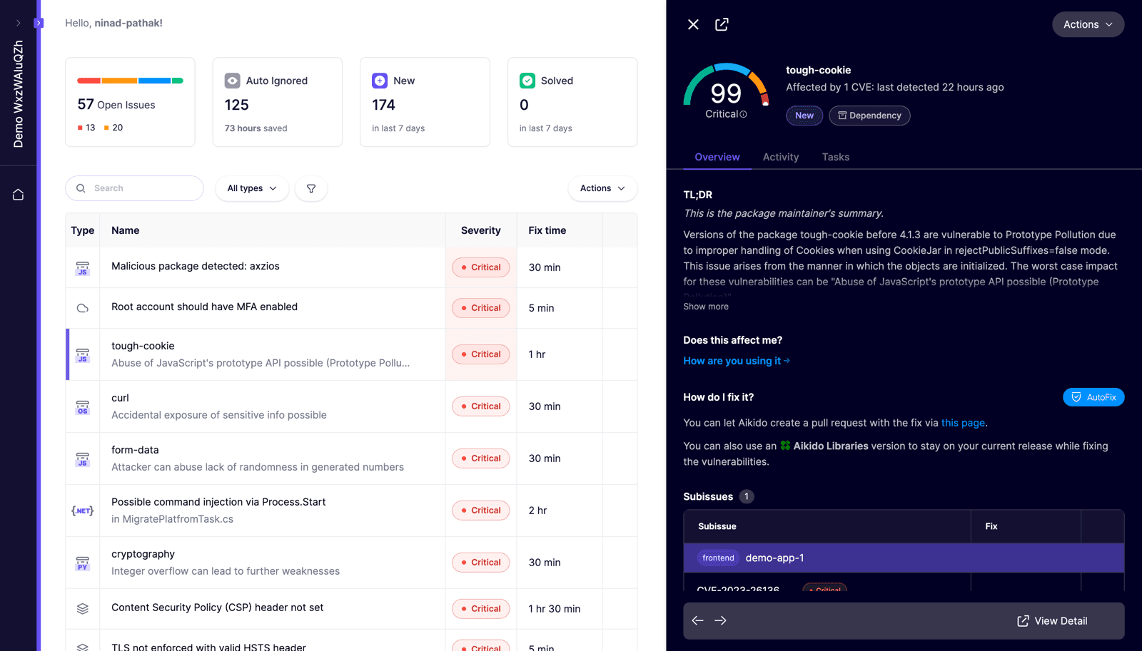 Aikido issue detail for a tough-cookie CVE showing the maintainer summary, an AutoFix badge, the mapped CVE-2023-26136, and a fix bumping the version from 2.4.3 to 4.1.3