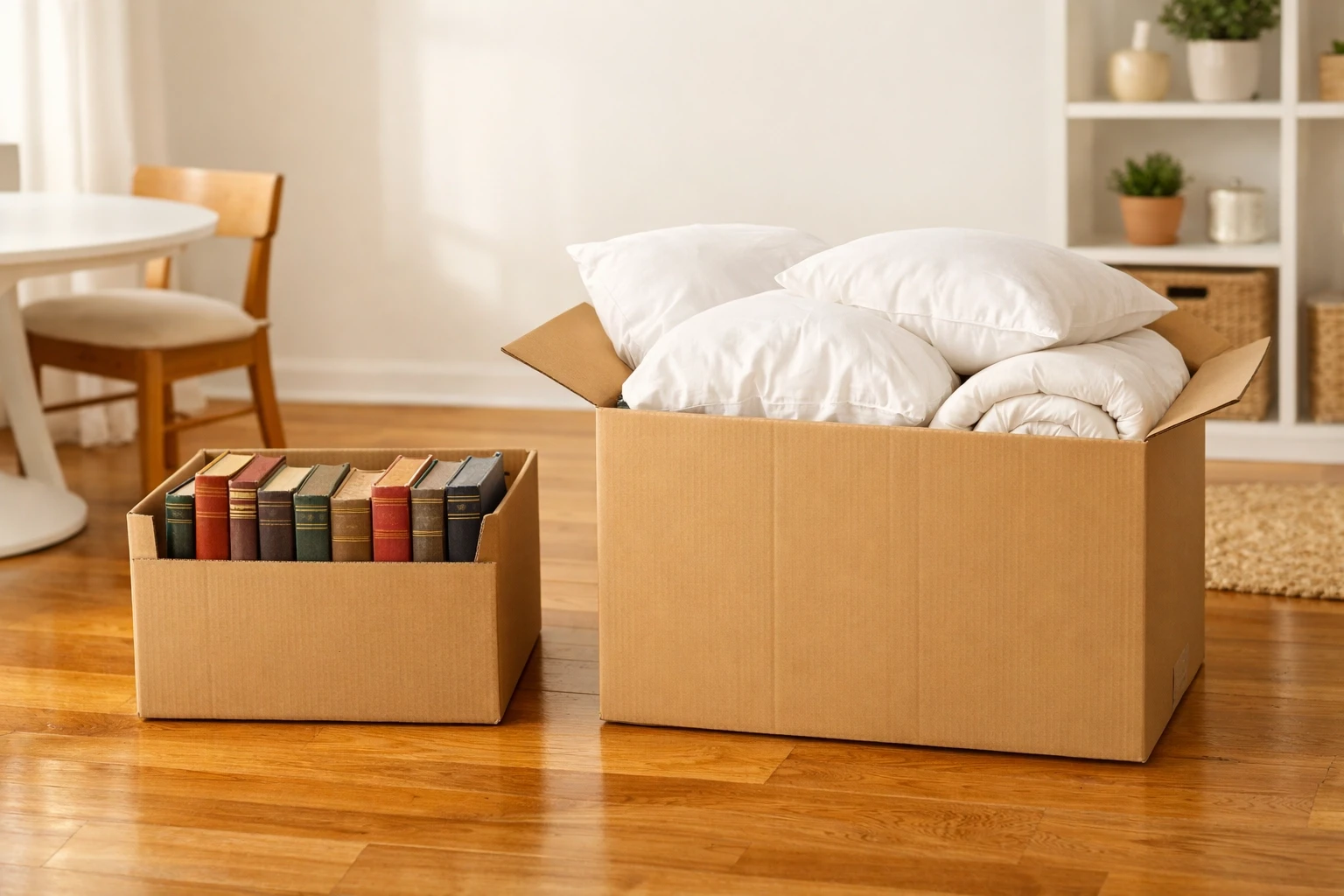 Small box with heavy books and large box with light pillows showing efficient packing service San Francisco tips.