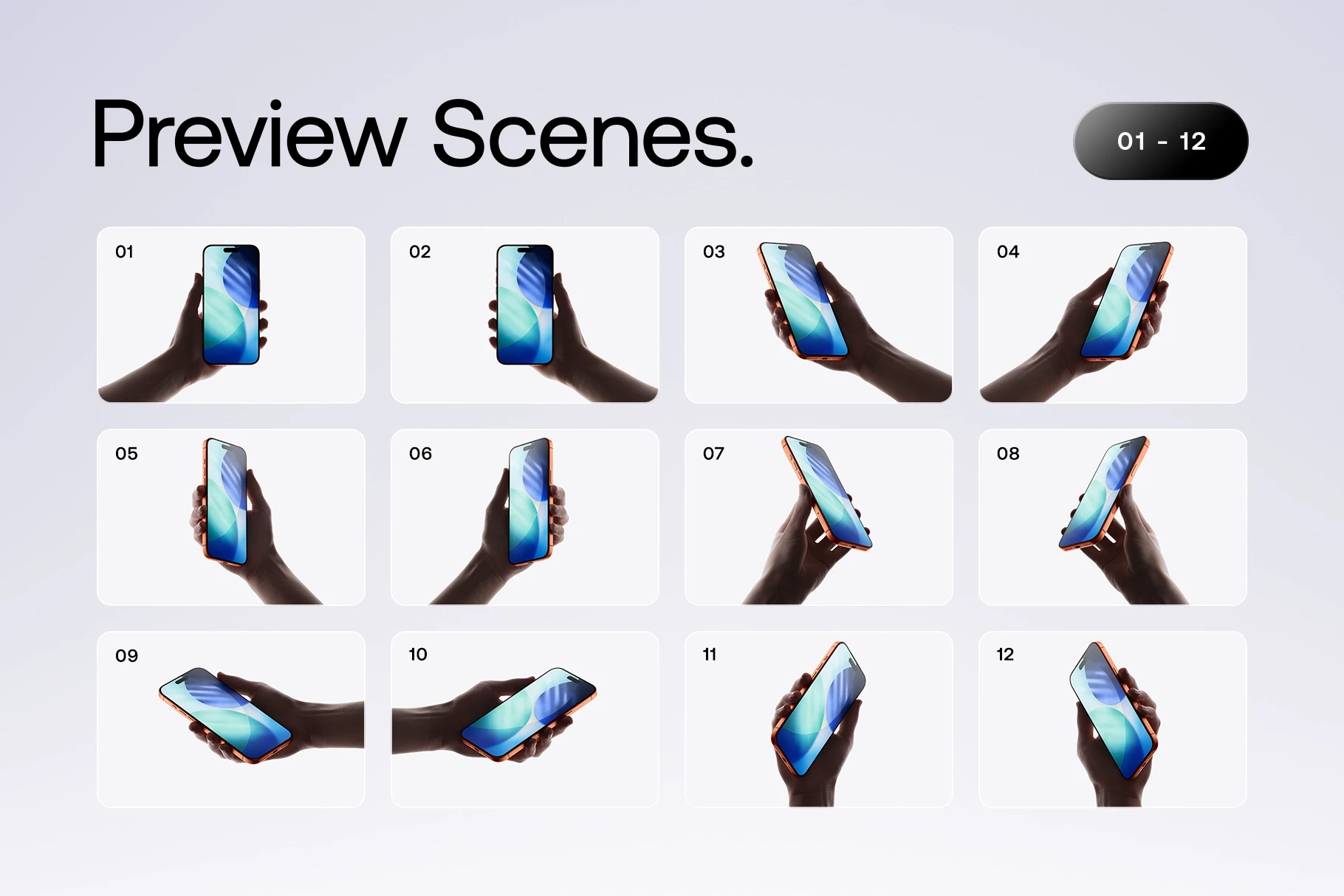 Gallery grid displaying preview scenes 01 to 12 of the iPhone 17 Pro in-hand mockups against clean, isolated backgrounds.