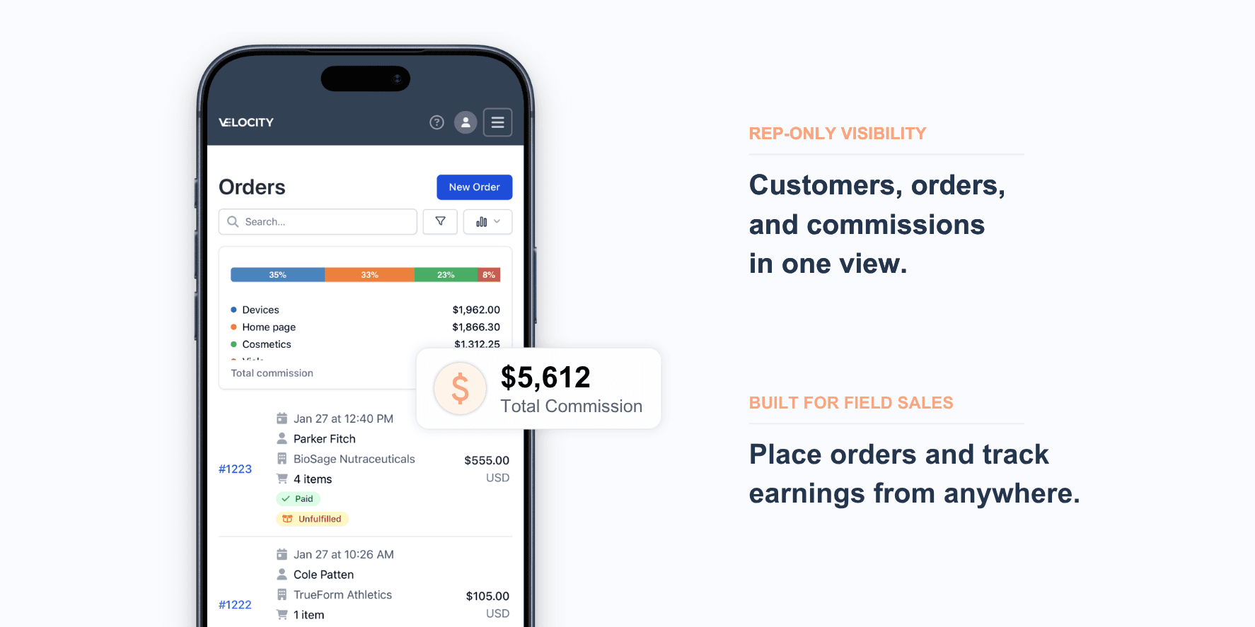 Velocity Commerce sales rep portal showing rep-specific customers, orders, and commissions.