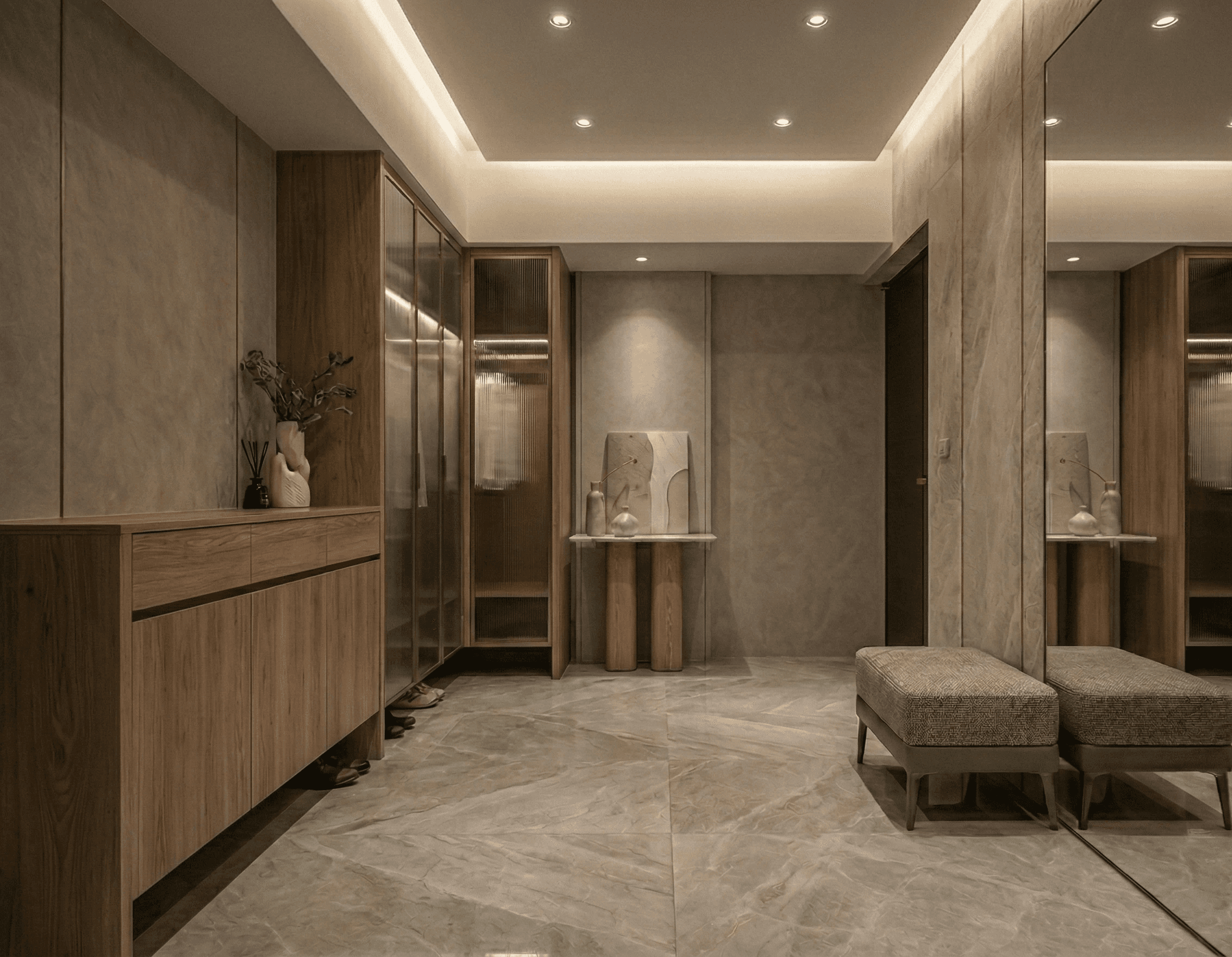 a living room filled with furniture and a mirror