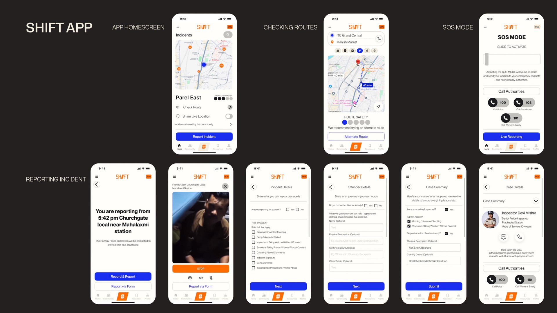 The image displays a screenshot of a mobile application called "SHIFT," which appears to be a traffic or incident management app. The app interface is divided into several sections. At the top, there are four screenshots labeled "APHOMESCREEN," "CHECKING ROUTES," "SOS MODE," and "REPORTING INCIDENT." Each screenshot shows different views of the app interface, including maps, location data, and reports. The screenshots are labeled with timestamps and display various functionalities such as reporting incidents, viewing incidents, checking routes, and accessing live reporting. The app interface is predominantly white with blue accents for buttons and navigation elements. The screenshots are arranged in a 2x2 grid.