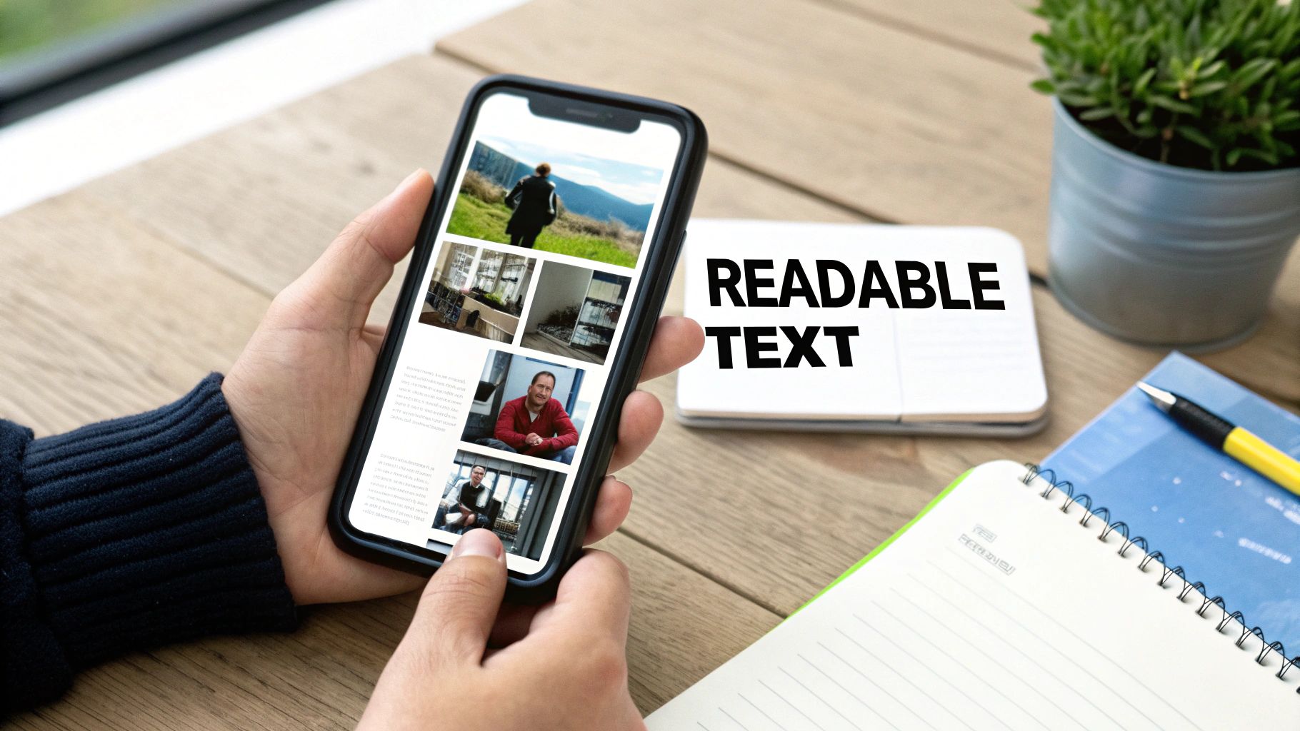 A person holds a smartphone displaying various photos and text, with a notepad and plant on a wooden desk.