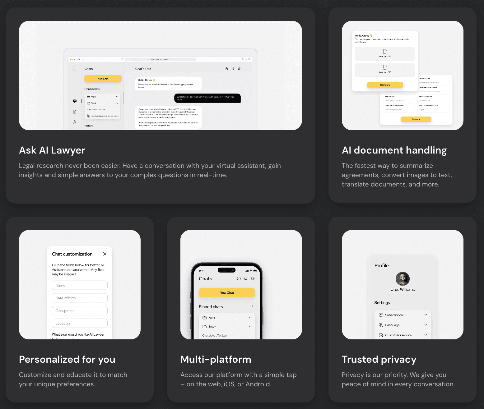 Screenshots of the "Ask AI Lawyer" app interface showcasing features like AI legal research, document handling, personalization settings, multi-platform access, and privacy assurances for a comprehensive virtual legal assistant experience.