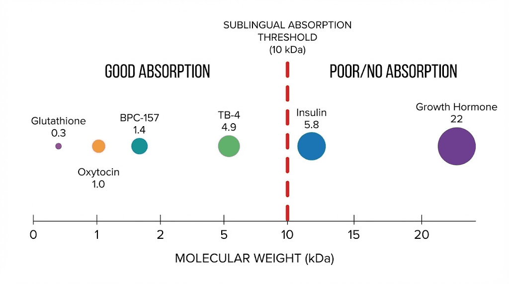 Peptide molecular weight chart showing sublingual absorption threshold