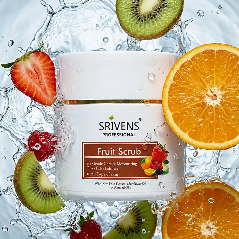 The image showcases a jar of Srivens Professional fruit scrub surrounded by fresh, vibrant fruit slices including strawberries, kiwis, and oranges, emphasizing its natural ingredients and suitability for all skin types, ideal for ecommerce product photography.