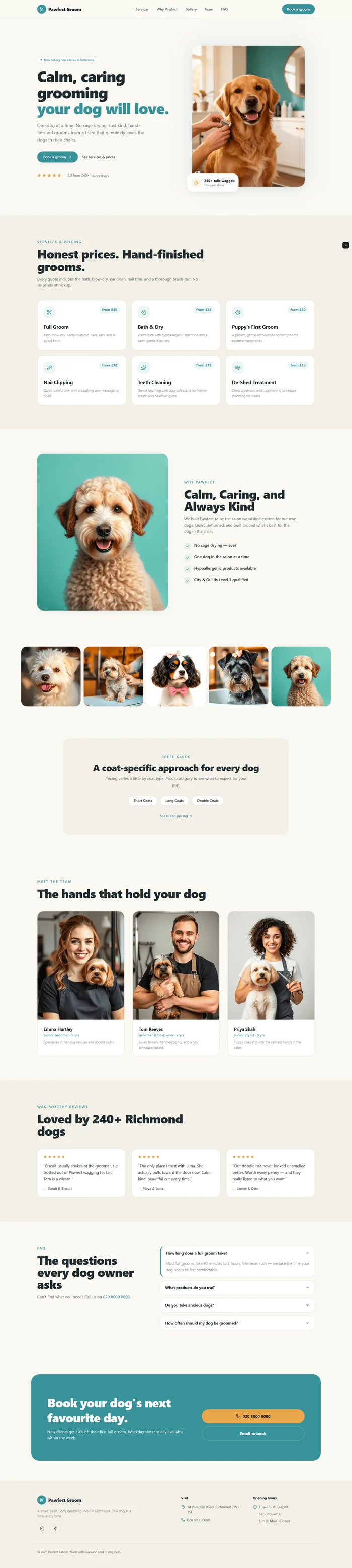 Dog groomer website prompt full preview — warm white #faf8f3 background with warm teal #38929a primary and amber accent, Plus Jakarta Sans 800 hero headline in split layout with floating 4/5 portrait image, six-service pricing grid in three-by-two layout with teal lucide icons and teal price tags, five-image horizontal gallery strip at fixed height, and four-item FAQ accordion with teal left border on open item