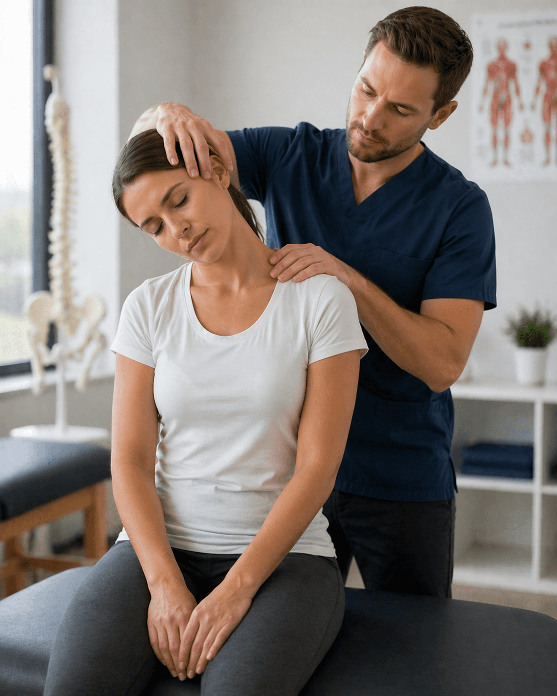 Provider performing a neuromuscular movement assessment for non-surgical pain treatment