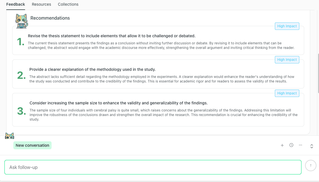 thesify recommendations highlighting clearer research question, explicit methods, and a concrete results sentence for a STEM abstract revision.