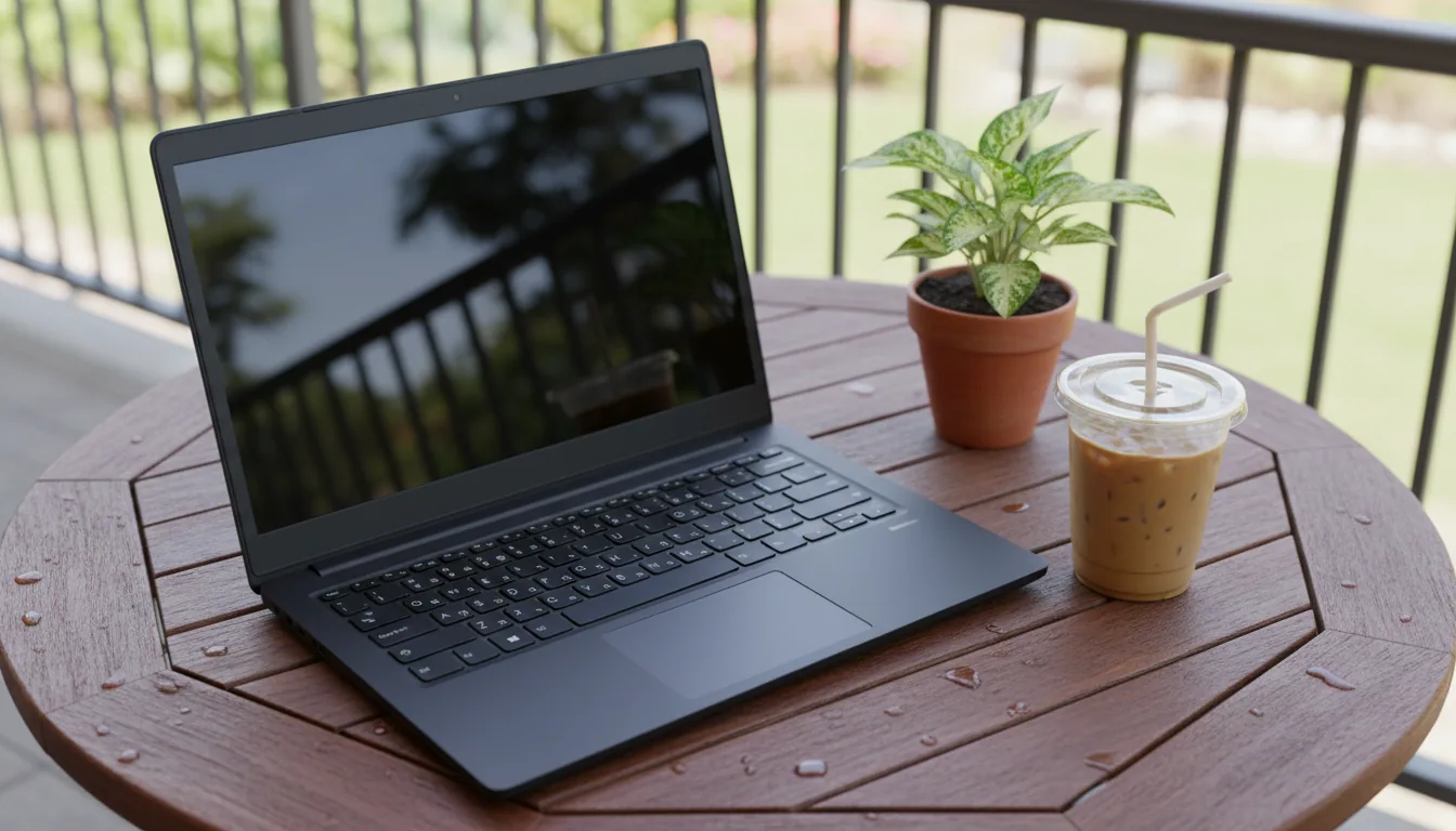 DSLR photograph, high-angle shot of a matte black laptop open on a round, dark reddish-brown wooden slat table outdoors. Bright natural daylight illuminates the scene. To the right of the laptop, a small potted plant with variegated green and white leaves sits next to a plastic cup of iced coffee. The laptop's screen is dark and glossy, reflecting a blurry outdoor environment. The texture of the wood grain is detailed, with a few drops of water on the surface. Shallow depth of field keeps the laptop in sharp focus while creating a soft bokeh effect on the metal railing in the background.