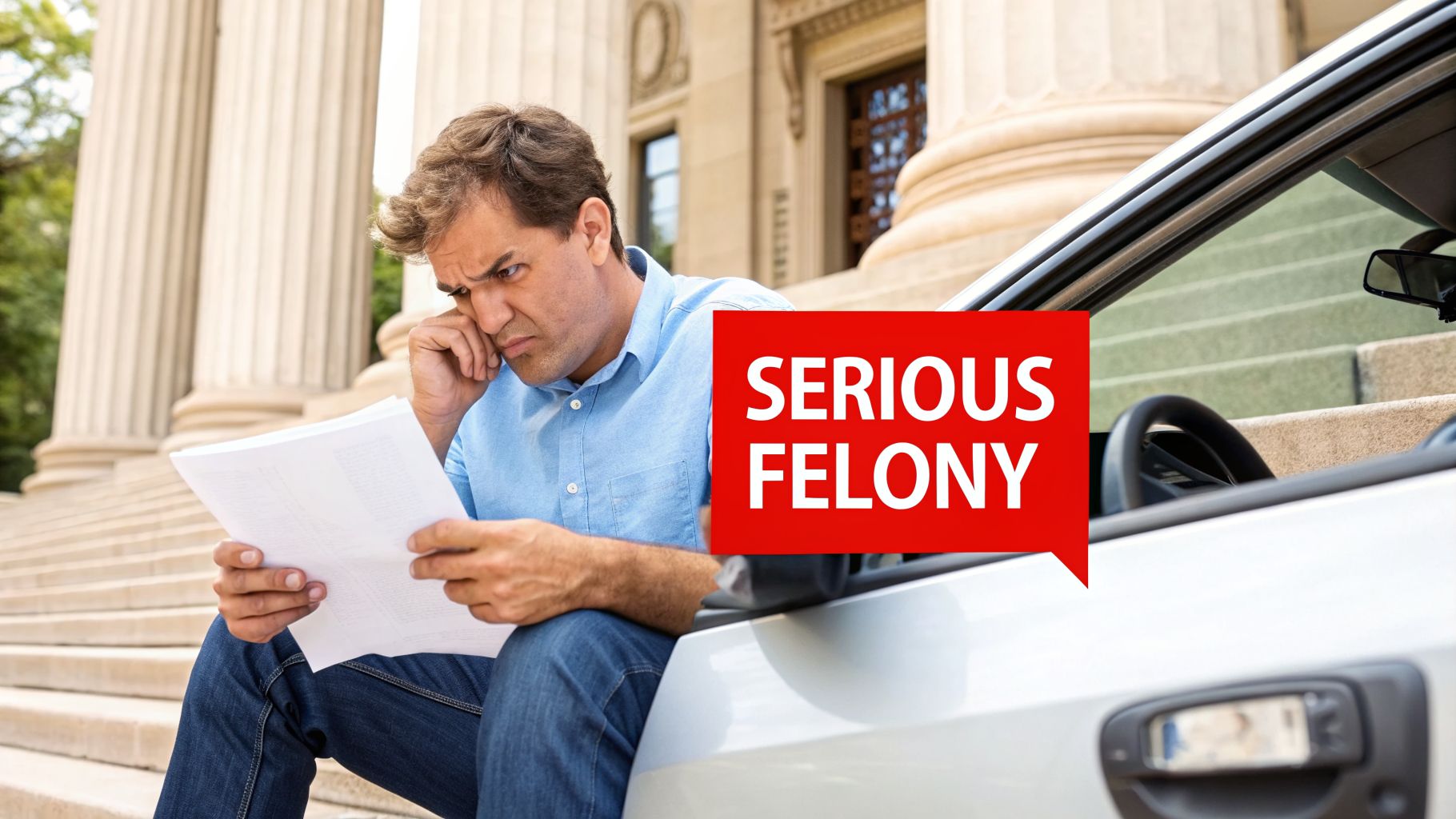 A distressed man reads legal papers outside a courthouse with a 'SERIOUS FELONY' text overlay.
