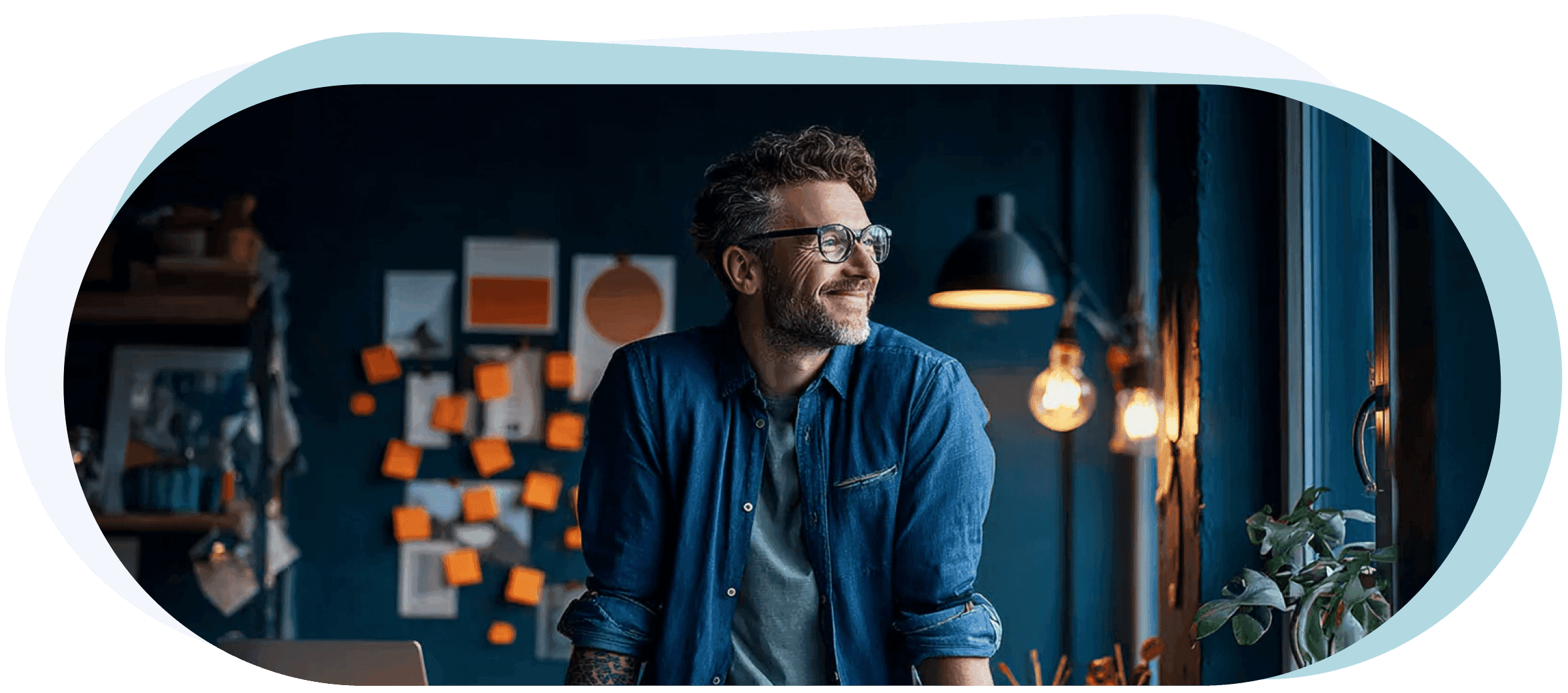 A happy man, small business owner, smiling with relief and joy, looking up with confidence, sitting at a modern desk with a laptop open. Cozy office environment with plants, sunlight coming through the window. Feeling blessed and successful thanks to automated e-commerce sales (desktop view)
