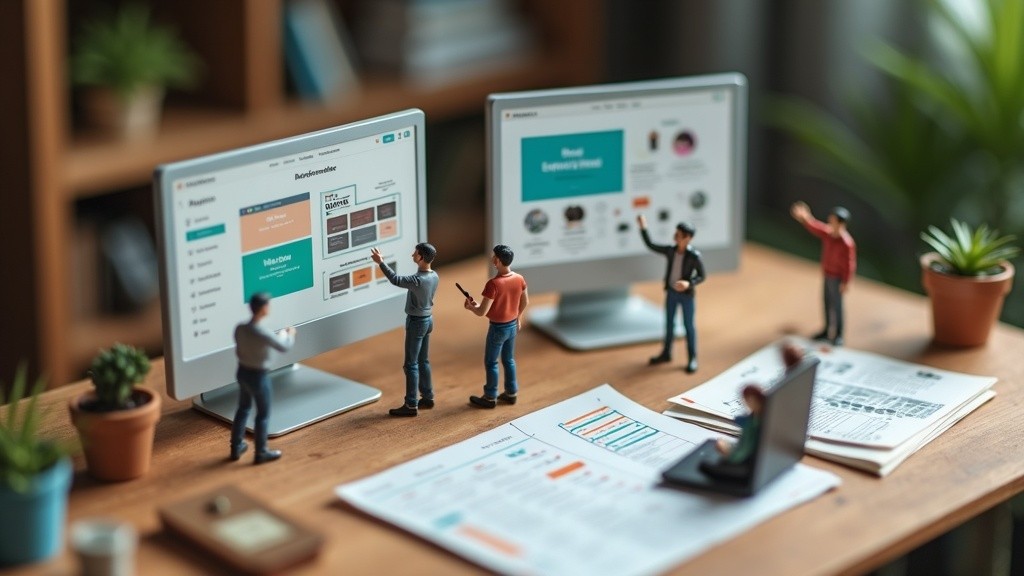 Tiny people compare Framer and Webflow dashboards in a miniature studio setup.