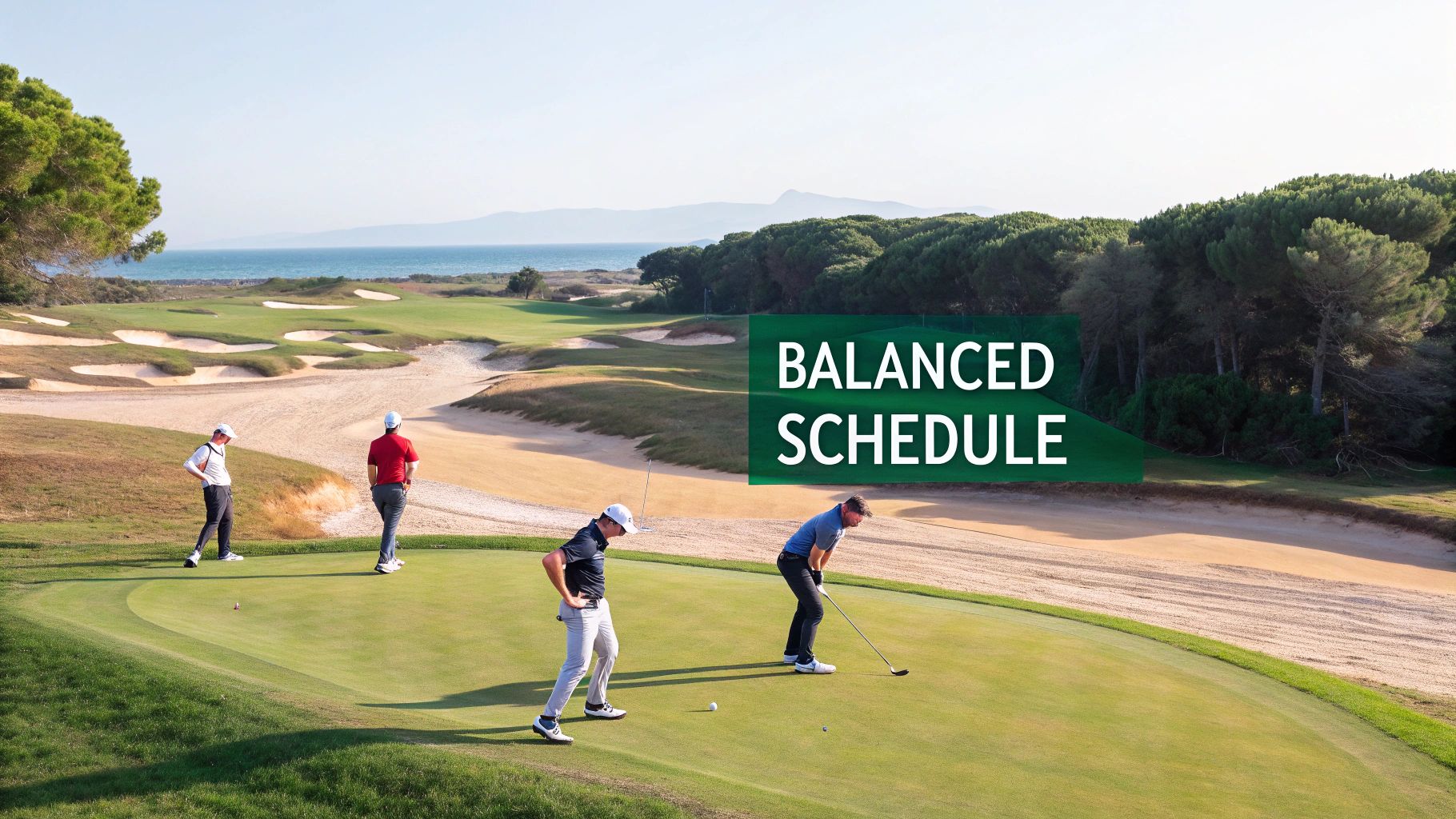 Four golfers on a beautiful golf course with sand traps and ocean in the background, text 'BALANCED SCHEDULE'.