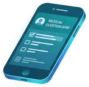 Modern minimalist vector icon of a laptop or smartphone displaying a medical questionnaire form on the screen. The device should be shown at a slight angle with clean lines and rounded corners. Use a gradient from deep teal (#285360) to bright cerulean (#32B4DB) for the device frame. The screen shows simplified form fields and checkboxes in a lighter teal. Add subtle highlights and depth with gradient accents. Professional, clean design that represents digital healthcare assessment.