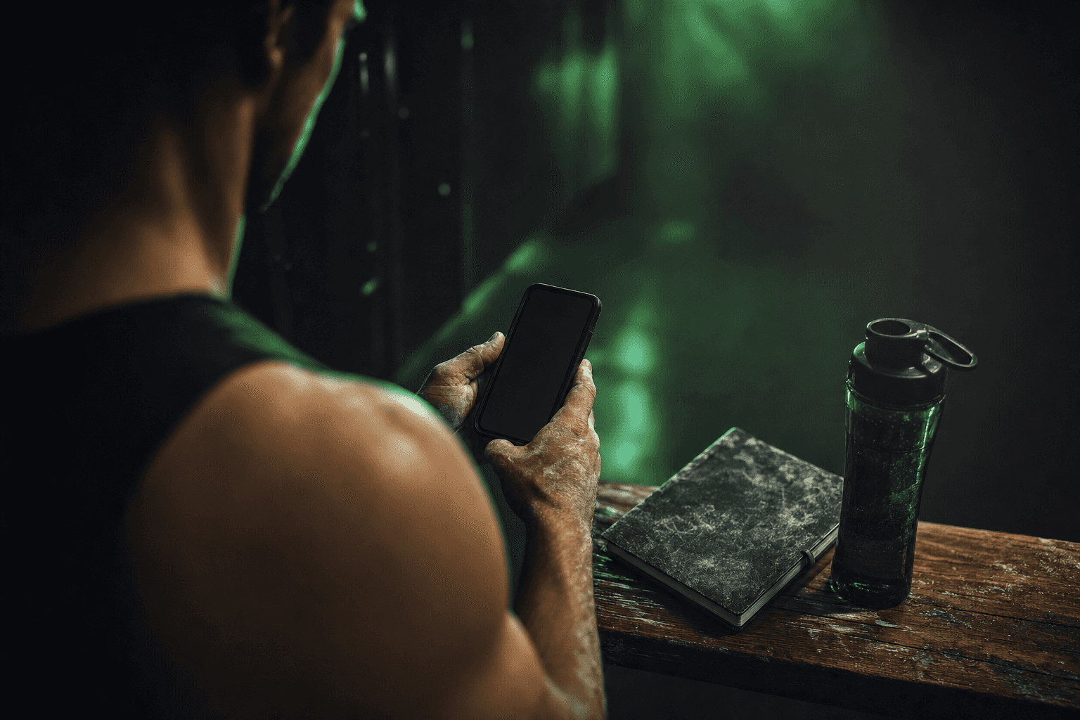 A lifter planning a workout routine on a phone in a dim gym, notebook and water bottle on a bench
