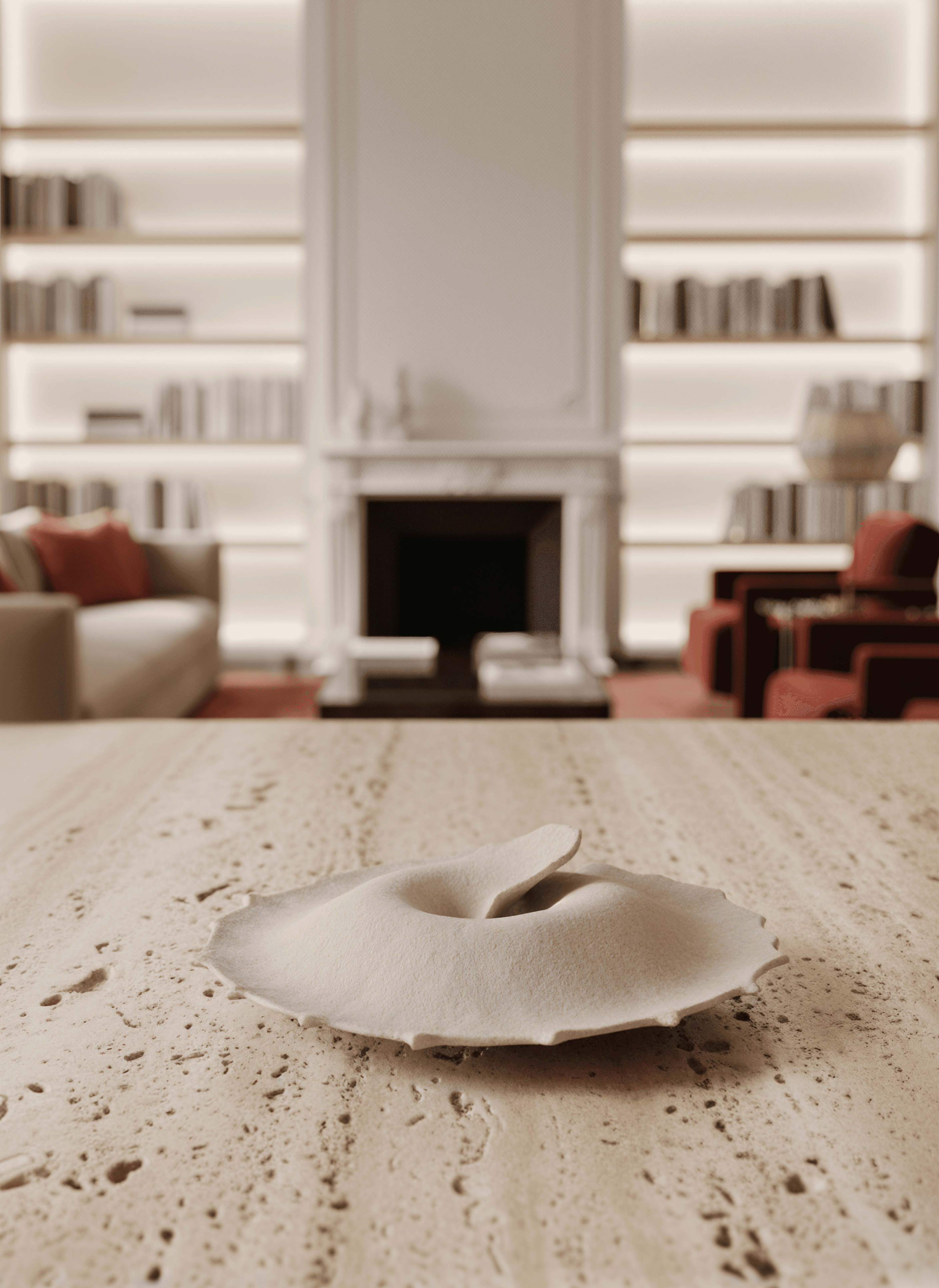 Travertine Dining Table with centerpiece by Elena Milani