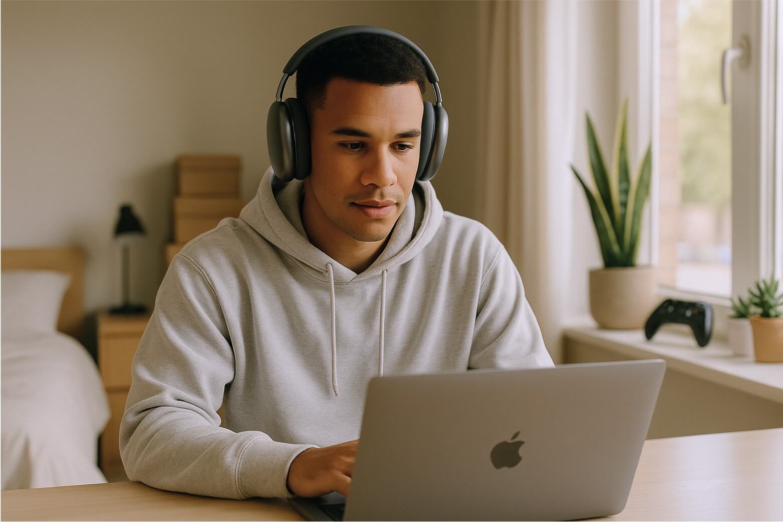 A man working on a laptop, with a chat bubble showing options for 'Where's my order?' or 'Transfer to AI Agent'.