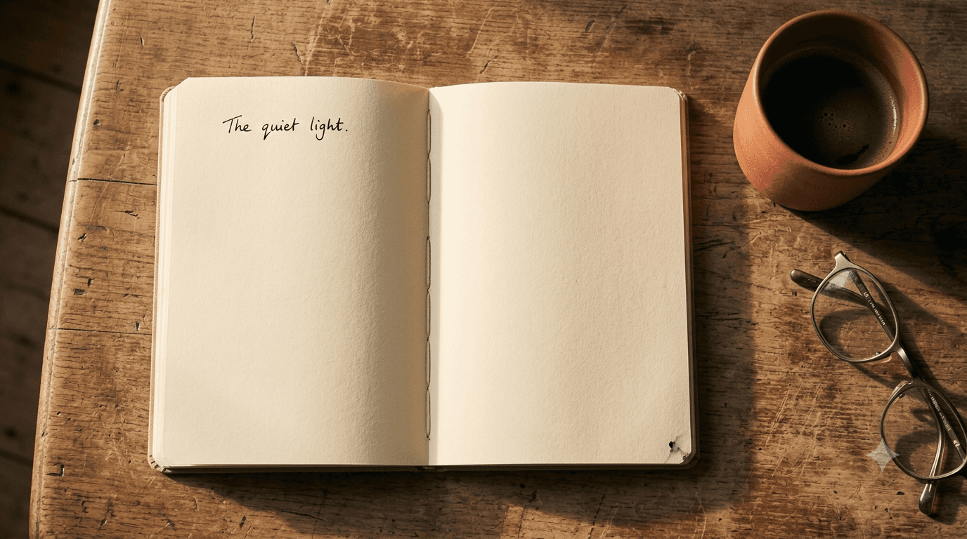An open notebook and a coffee cup on a wooden table, a few words written and the rest of the page blank.