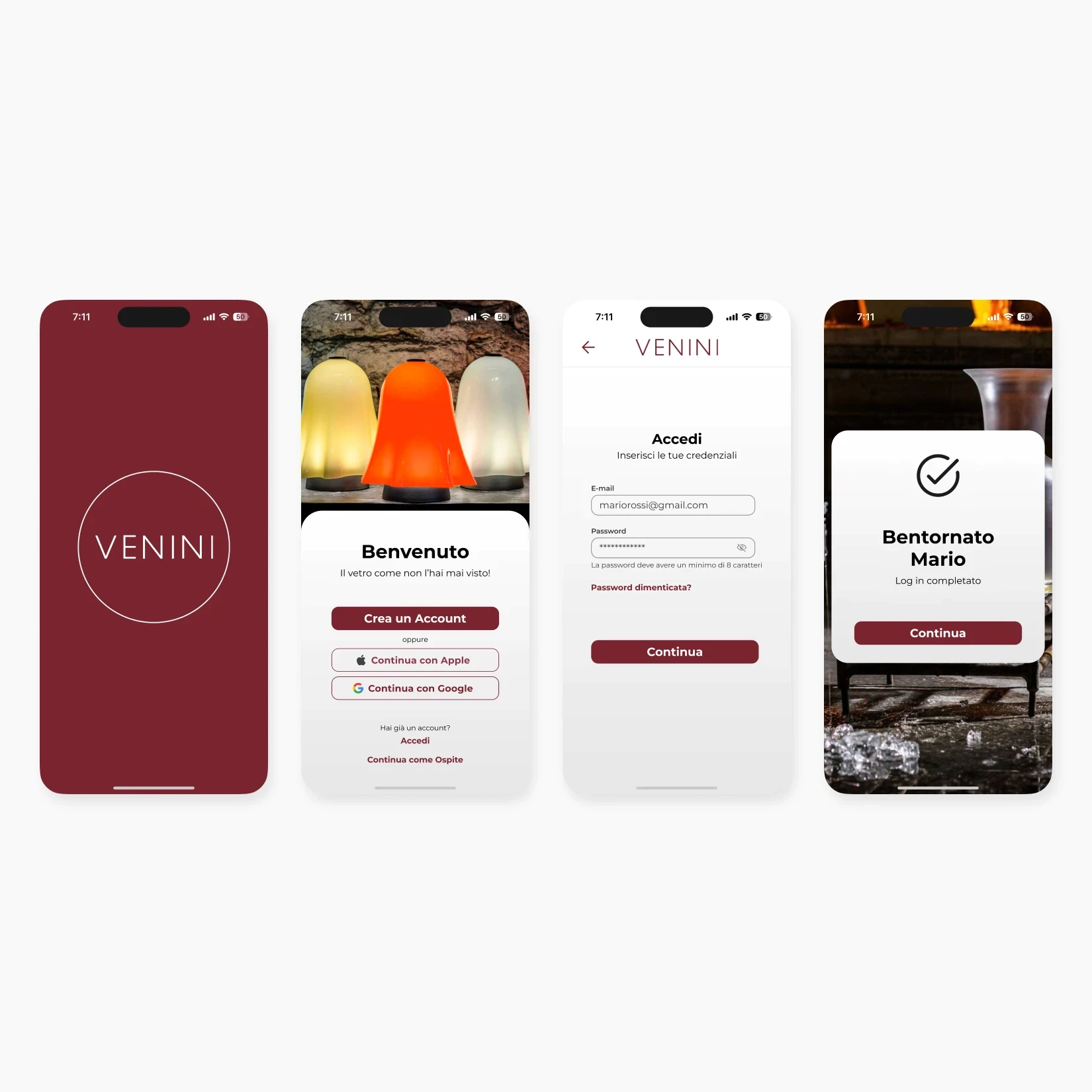Interfacce principali del flusso di login dell'app