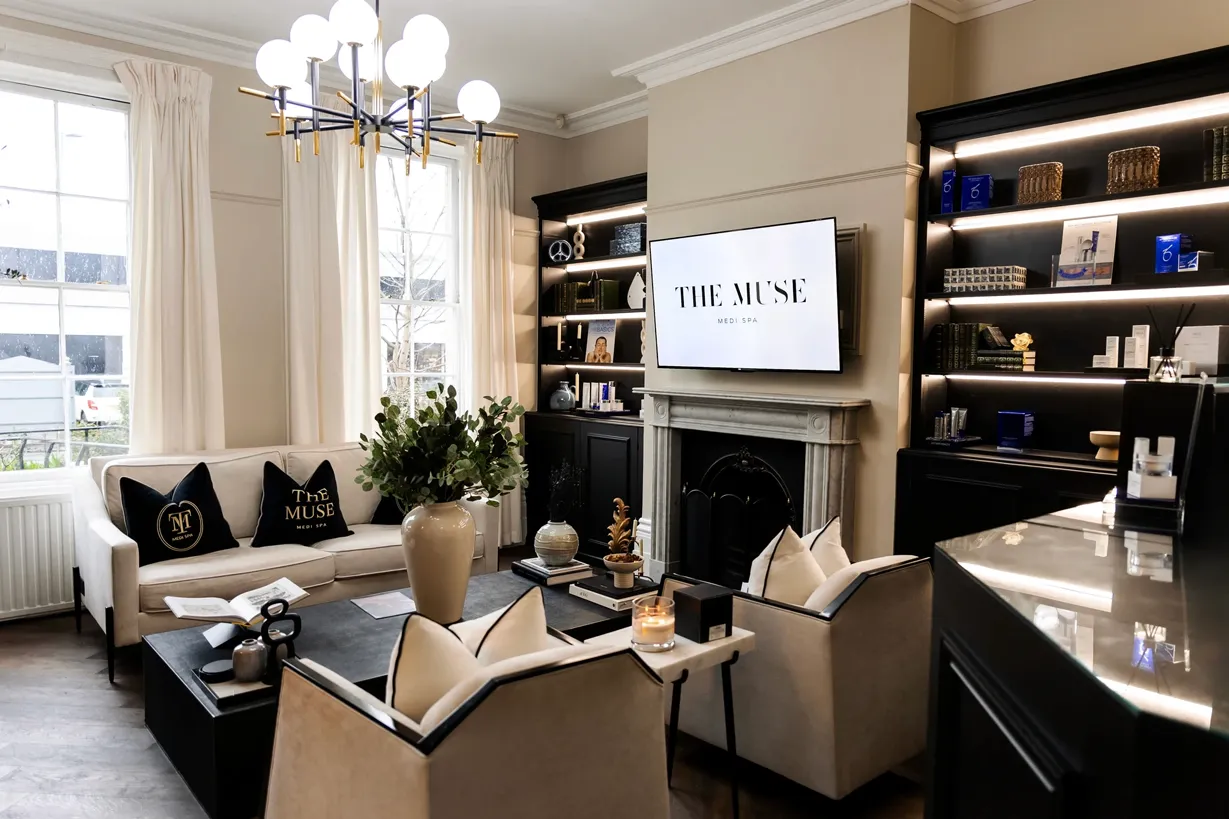 Modern living room with contemporary furniture and fireplace.