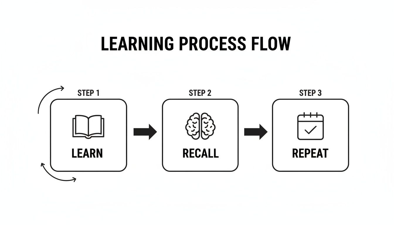 A diagram illustrating the learning process flow: Step 1 Learn, Step 2 Recall, and Step 3 Repeat.
