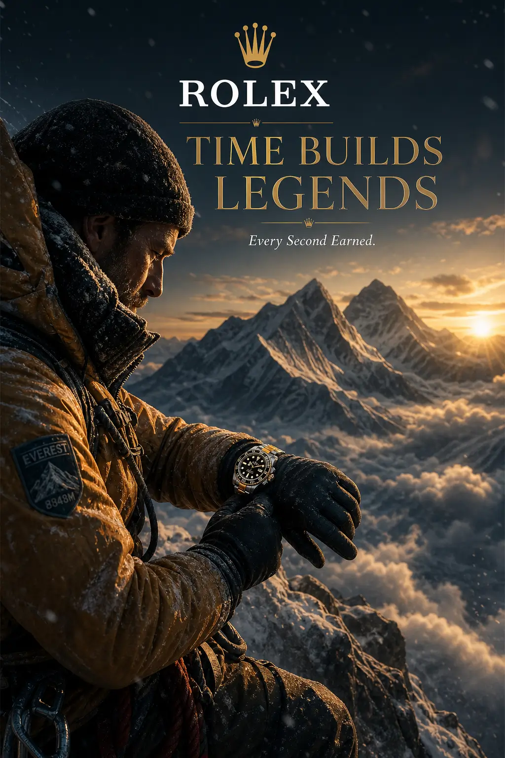 AI-generated Rolex luxury poster of a climber above the clouds at sunrise, symbolizing endurance, ambition, and timeless achievement.
