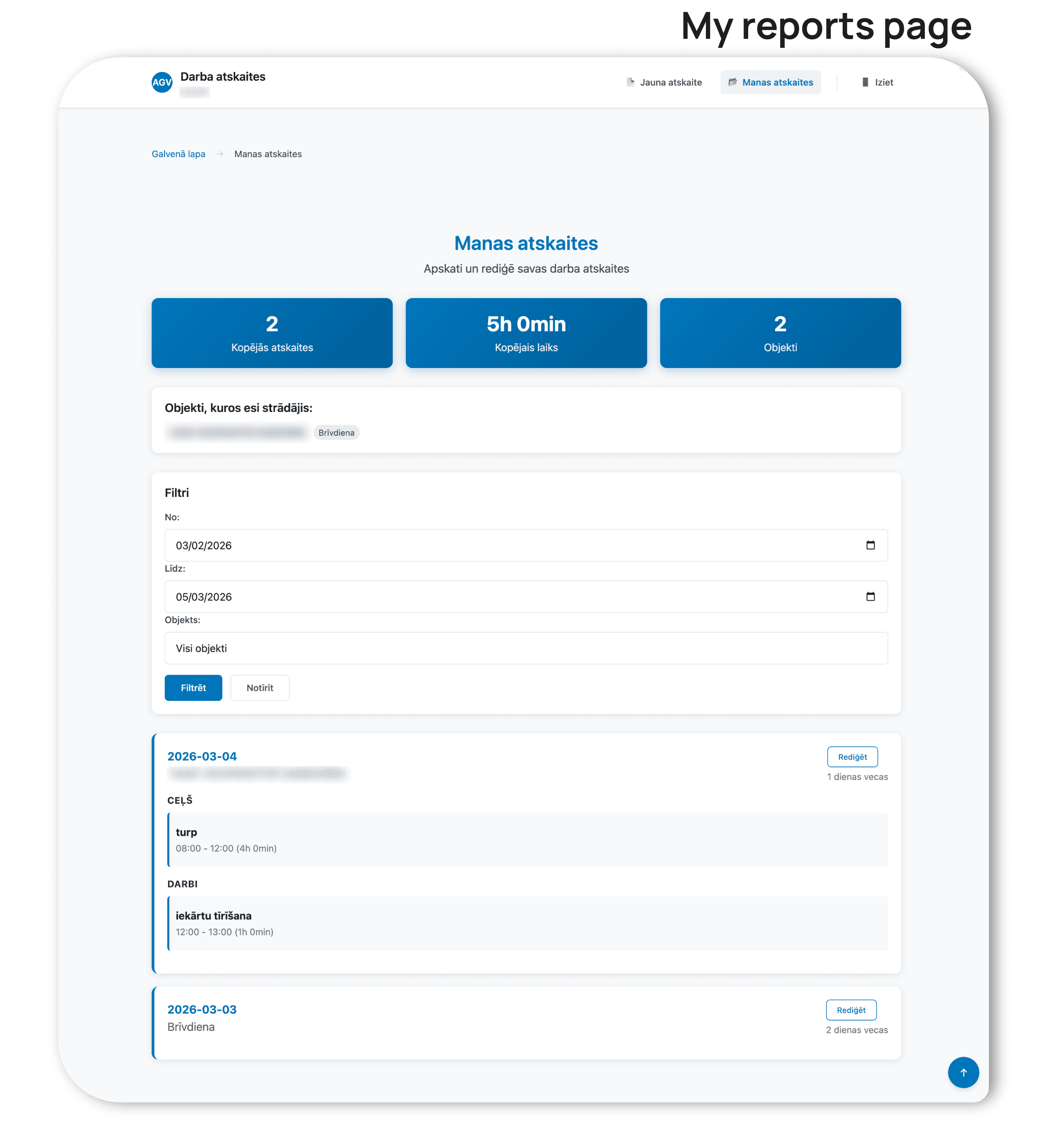 AGV employee reporting system - personal reports dashboard showing total reports count, hours worked, and objects visited with filterable report history