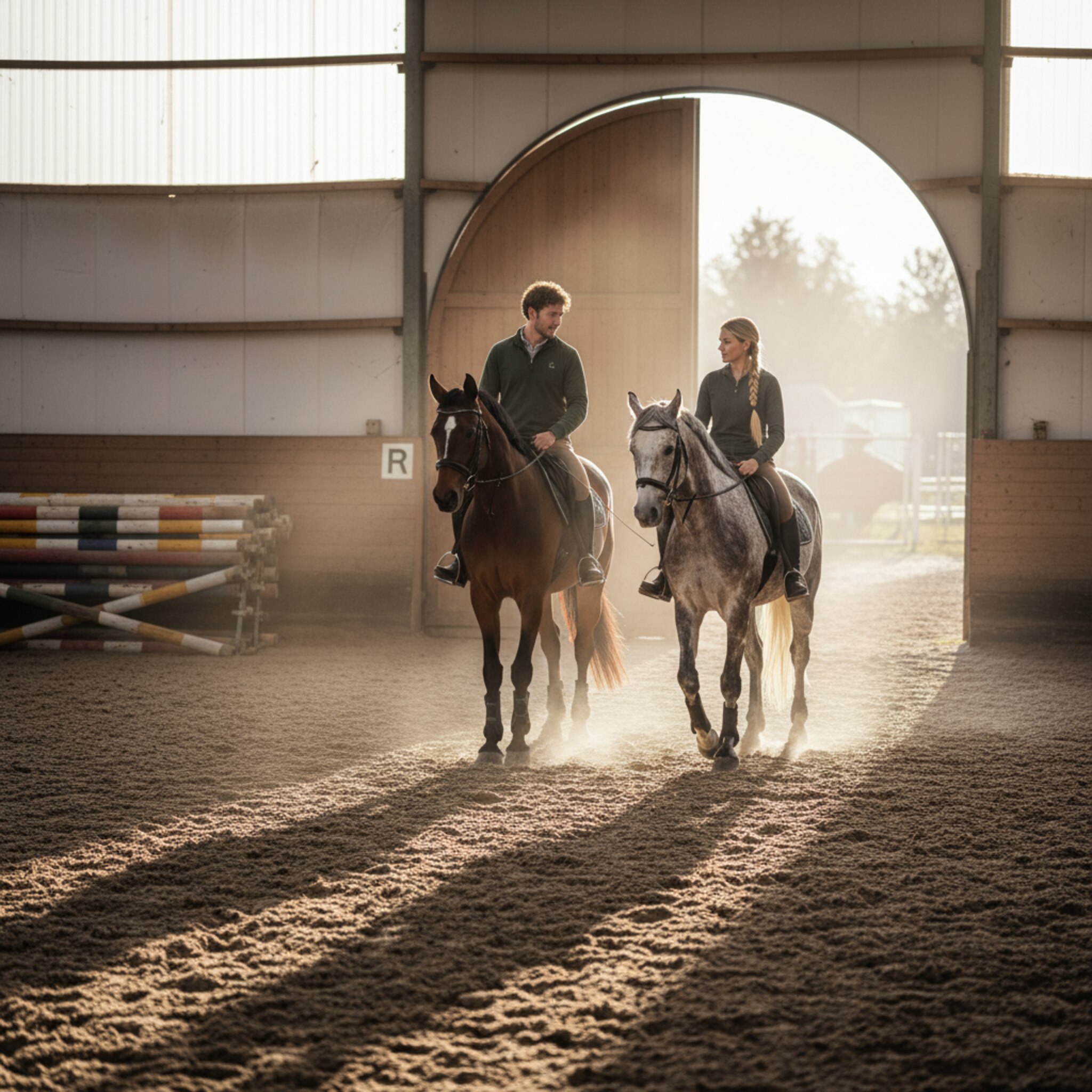 Zwei Reiter führen ihre Pferde durch das Hallentor, das Licht fällt von außen herein. Die Hufspuren zeichnen sich frisch im Boden ab, an der langen Seite liegen sauber geräumte Stangen. Ein kurzer Gruß, dann ordnen sie sich auf dem Zirkel ein. Ruhe, Konzentration, klare Abläufe.