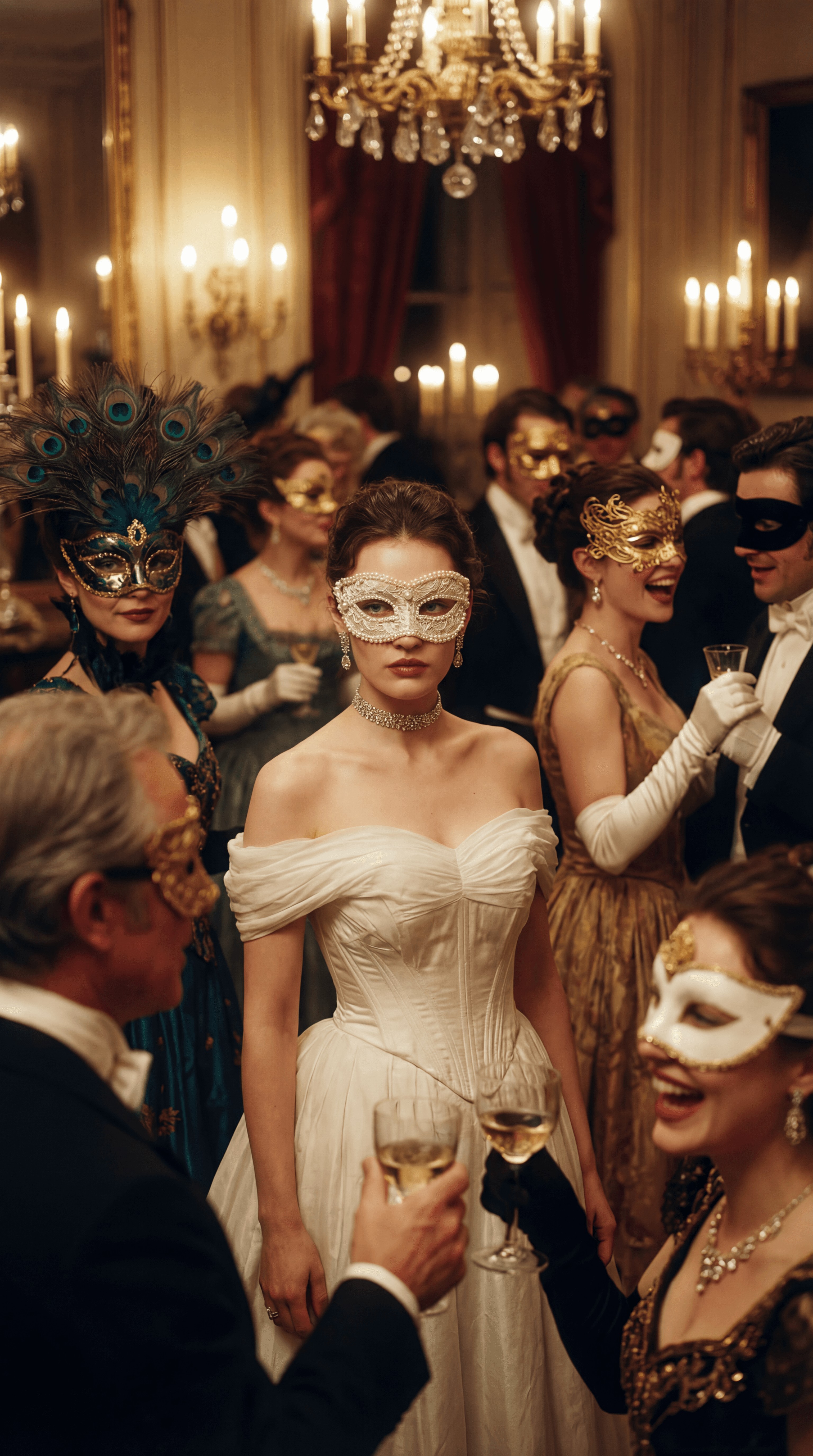Masquerade ball luxury event scene with elegant masks and formal attire