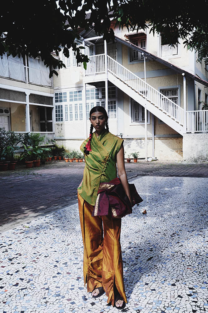 Nivah wide draped trousers gathered at hem for graceful, fluid movement.