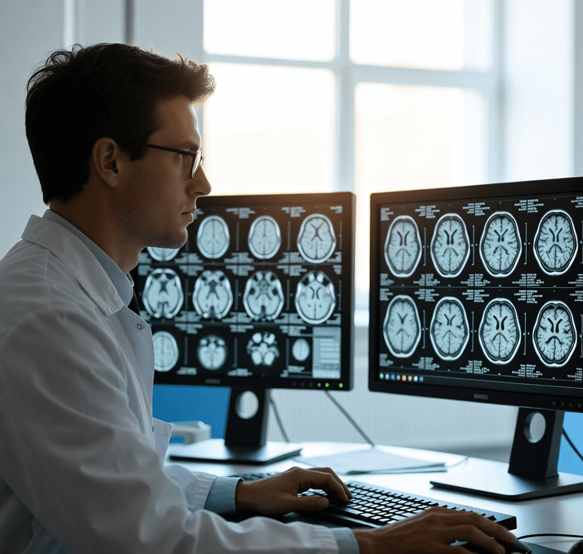 Radiologist analyzing brain scans on two computer monitors.