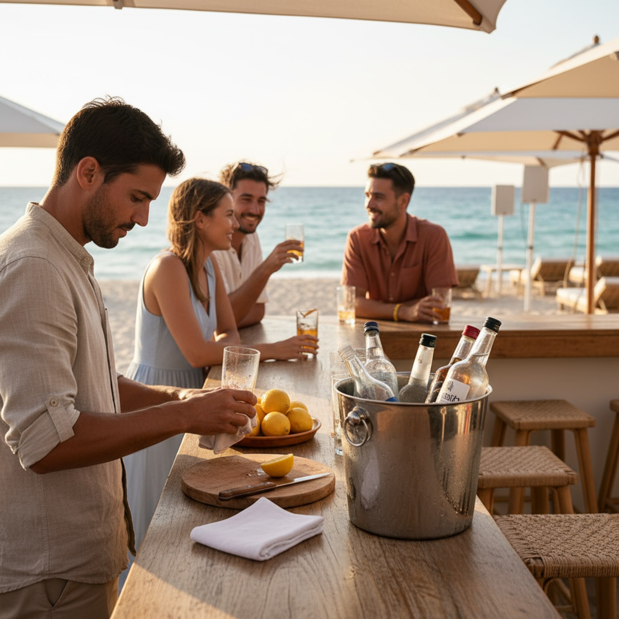 Ein Barkeeper poliert Gläser an einer Strandbar, daneben stehen vorbereitete Flaschen in einem silbernen Cooler. Auf dem Tresen liegen frische Zitronen, die Luft wirkt warm und klar. Gäste lehnen entspannt an der Theke, ein leiser Beat begleitet das Treiben. Alles ist bereit für den Ansturm.