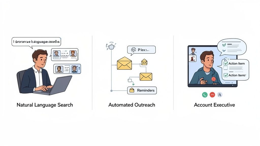 An illustration of AI-powered sales enablement features including natural language search, automated outreach, and account executive tools.