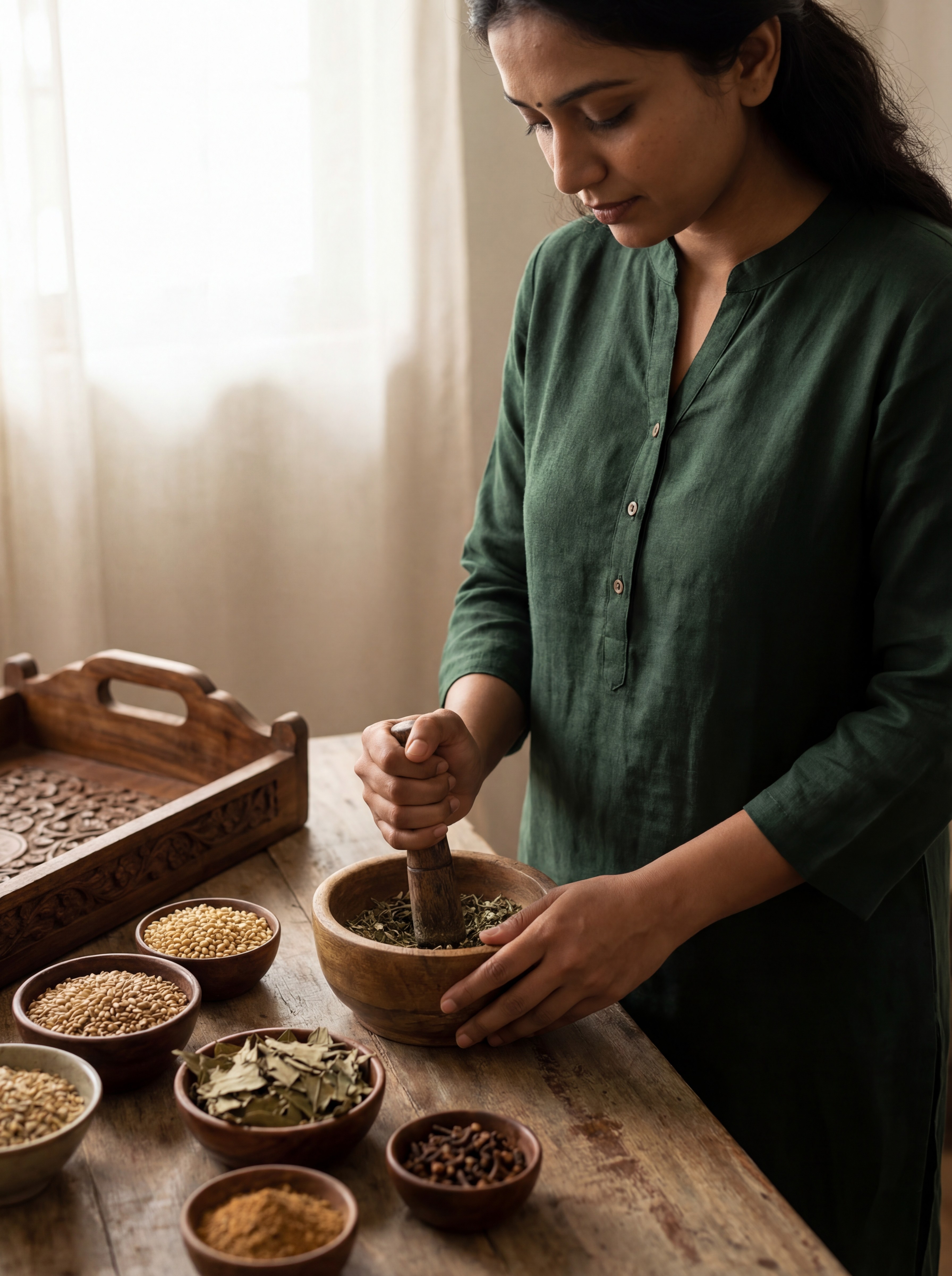 A close-up indoor Ayurvedic lifestyle wellness scene: Indian Ayurvedic practitioner wearing green gently preparing herbal remedies or arranging natural dietary elements (grains, herbs, spices) beside a traditional wooden pathi. Focus on ritual, routine, and consistency rather than treatment. Warm ambient lighting, carved wood textures, linen cloths, minimal and intentional composition. Calm, grounded mood representing metabolic balance, digestion, and sustainable lifestyle change. Authentic Ayurvedic aesthetic, refined and understated.