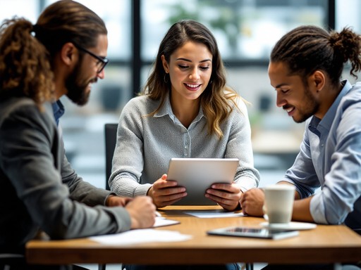 Three colleagues working together at a table, one woman is holding a tablet and showing it to the other two.