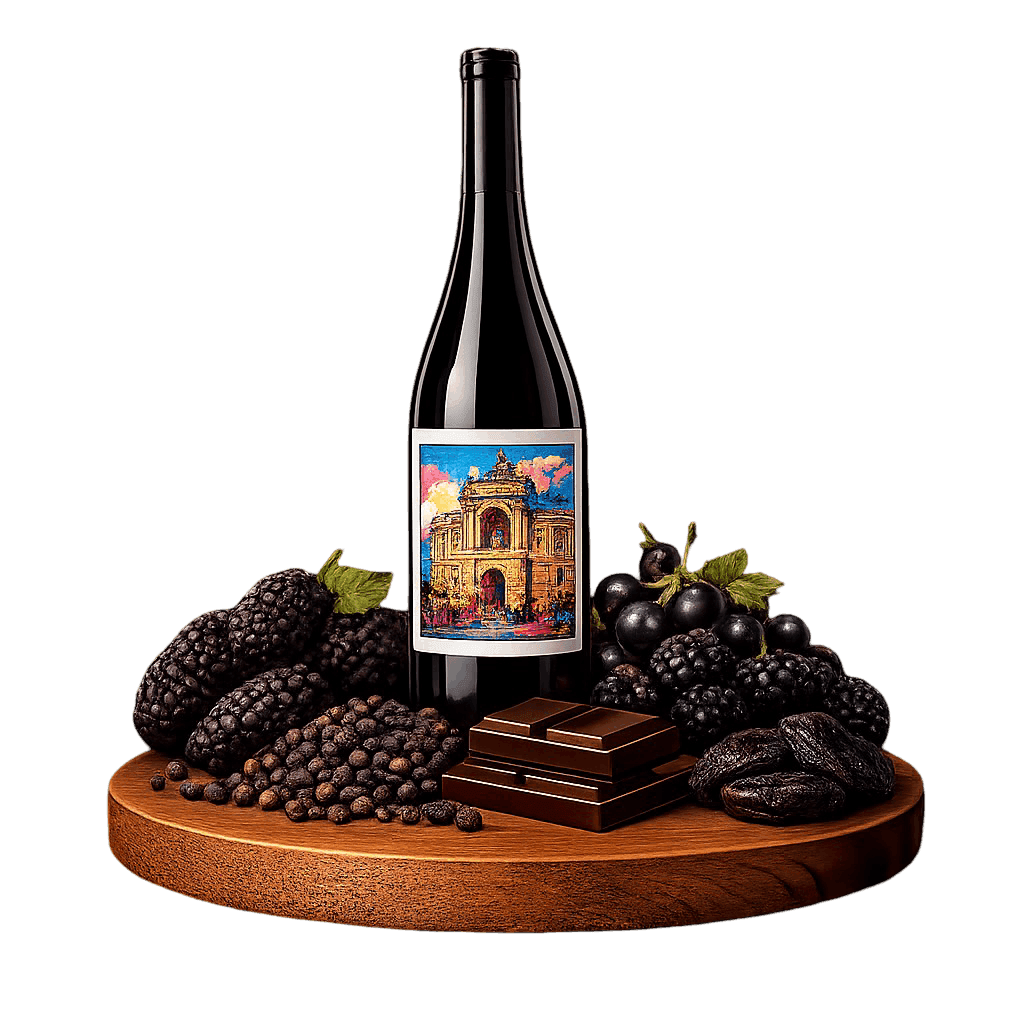 Artistic label and flavor profile for Odesa Black Red on a rustic wooden table.