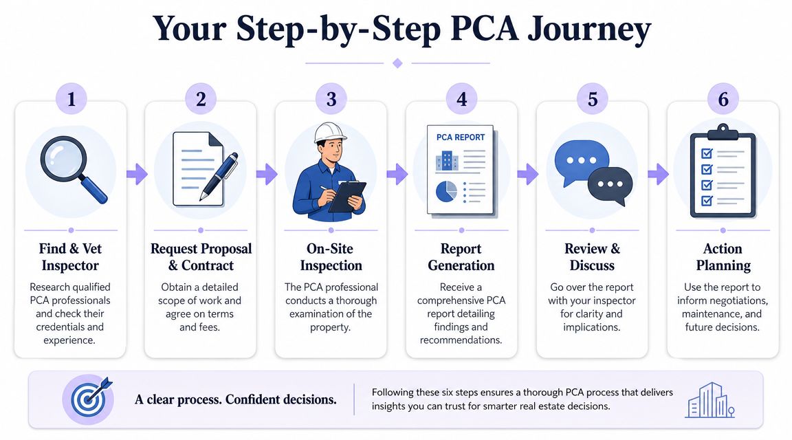 An infographic illustrating the six-step process for performing a Property Condition Assessment for real estate investors.