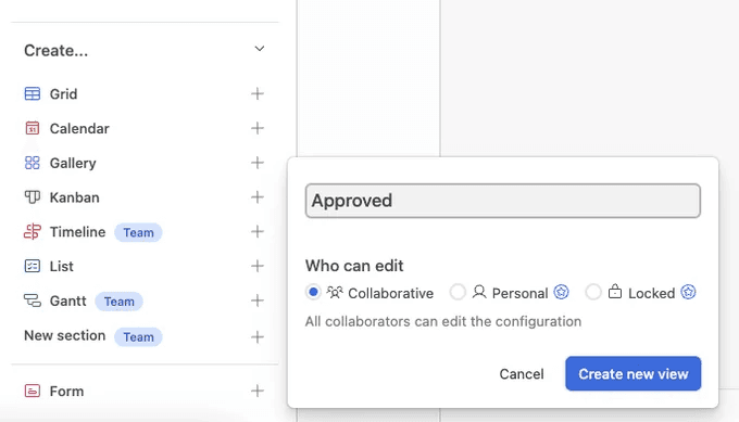 Airtable interface showing view creation options and 'Approved' field configuration. Displays Lucas Ostrowski's custom setup for social media automation, featuring collaborative editing settings. Demonstrates versatile project management capabilities in AI-driven business systems.