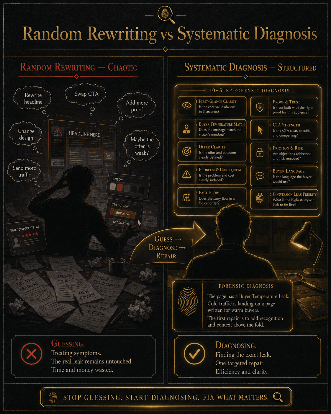 “Random Rewriting vs Systematic Diagnosis” Concept: A split-screen comparison showing two approaches to fixing a funnel.  Left side (Random Rewriting — Chaotic): A person silhouette frantically rewriting text, moving buttons, changing colors, adding testimonials. Above them, scattered thought bubbles: “Rewrite headline,” “Swap CTA,” “Add more proof,” “Change design,” “Send more traffic,” “Maybe the offer is weak?” The page is chaotic, desaturated red/grey. Label: “Guessing. Treating symptoms. The real leak remains untouched. Time and money wasted.”  Right side (Systematic Diagnosis — Structured): The same person silhouette, now working through a structured 10-step worksheet. Each step is a glowing diagnostic test. Below the worksheet, a clear diagnosis appears: “The page has a Buyer Temperature Leak. Cold traffic is landing on a page written for warm buyers. The first repair is to add recognition and context above the fold.” Label: “Diagnosing. Finding the exact leak. One targeted repair. Efficiency and clarity.”  A curved arrow points from left to right with the word: “Guess → Diagnose → Repair.”  Style: Dark charcoal background. Left side: desaturated red/grey, chaotic, scattered. Right side: warm gold/amber, structured, organized, glowing.  Interaction: Hovering the left side reveals each random guess (rewrite headline, swap CTA, add proof, change design). Hovering the right side reveals the 10-step diagnostic process and how it leads to a precise repair. A toggle switches between “Random Rewriting” and “Systematic Diagnosis.”