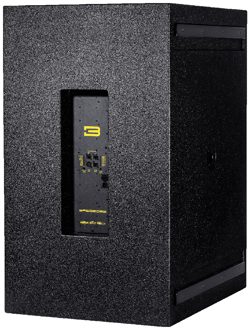 Black textured subwoofer with control panel