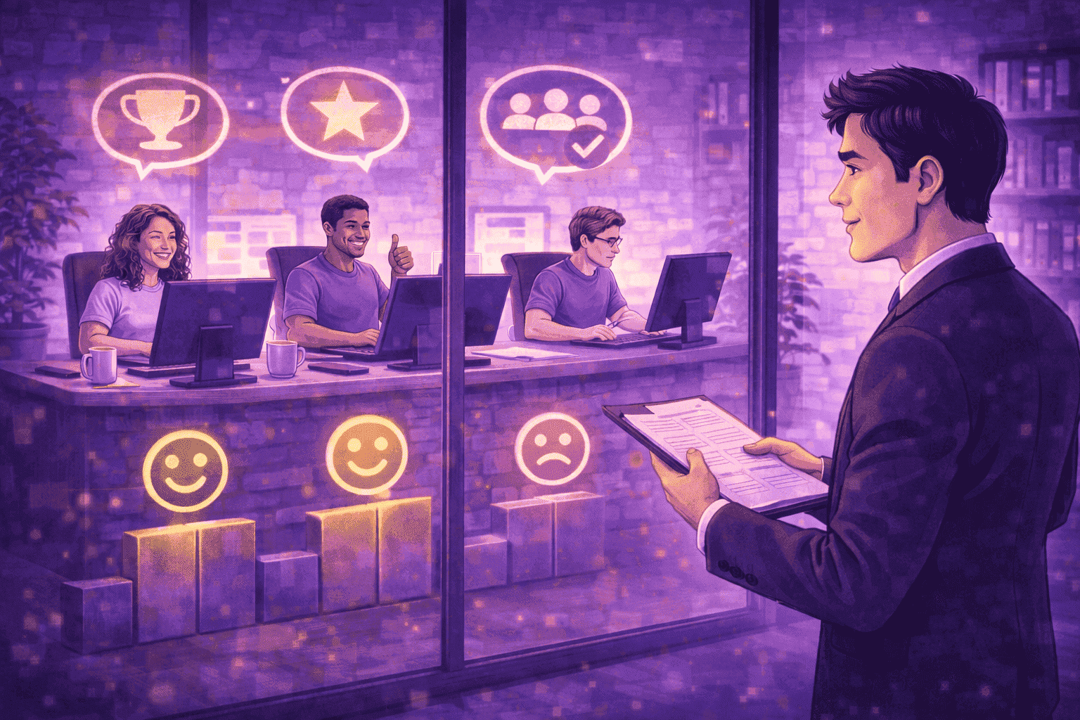Manager observing employees through a glass wall while reviewing engagement indicators and performance signals to assess team health and satisfaction.