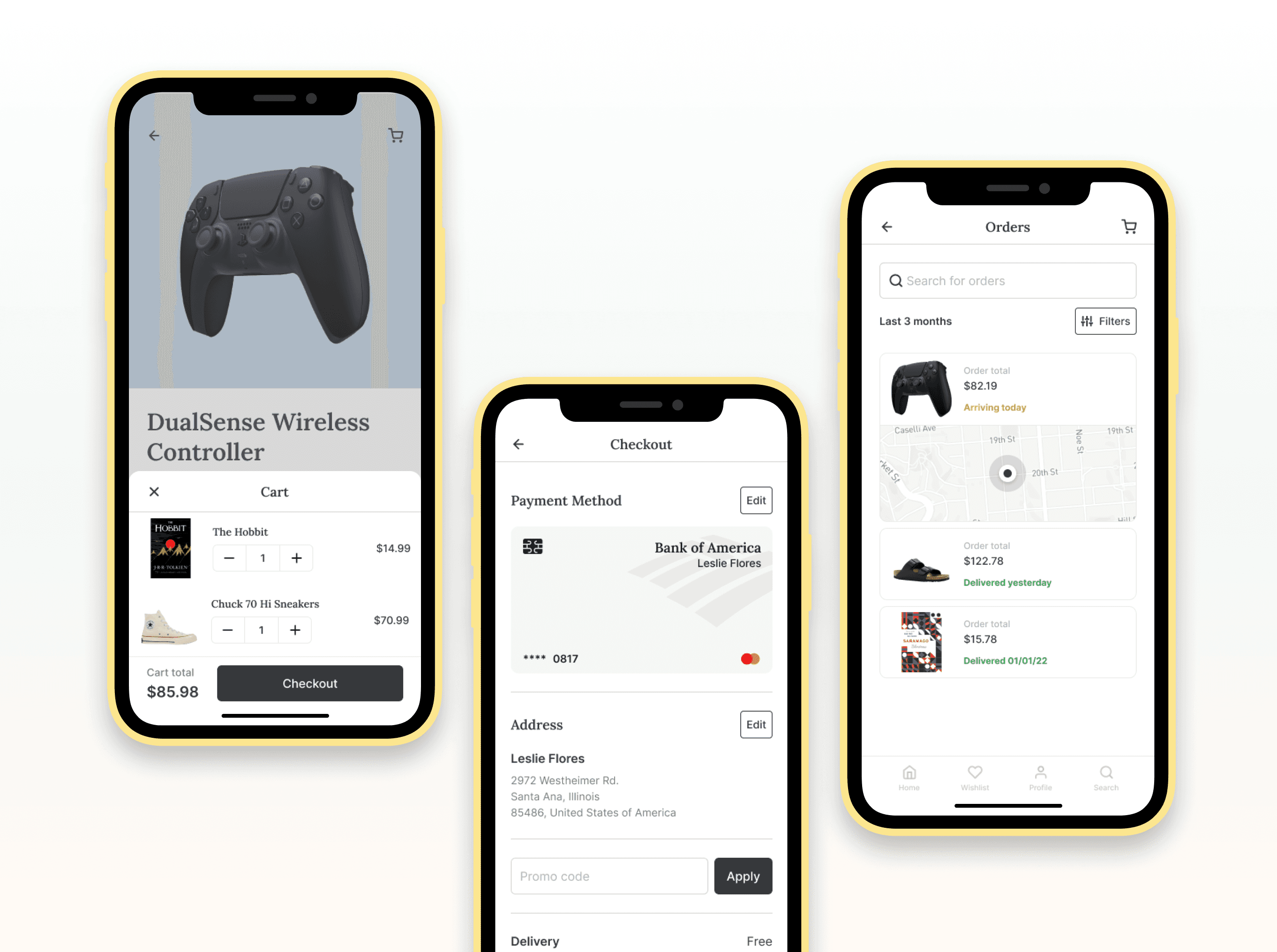 E-commerce mobile app screens showing cart, checkout process, and order history.